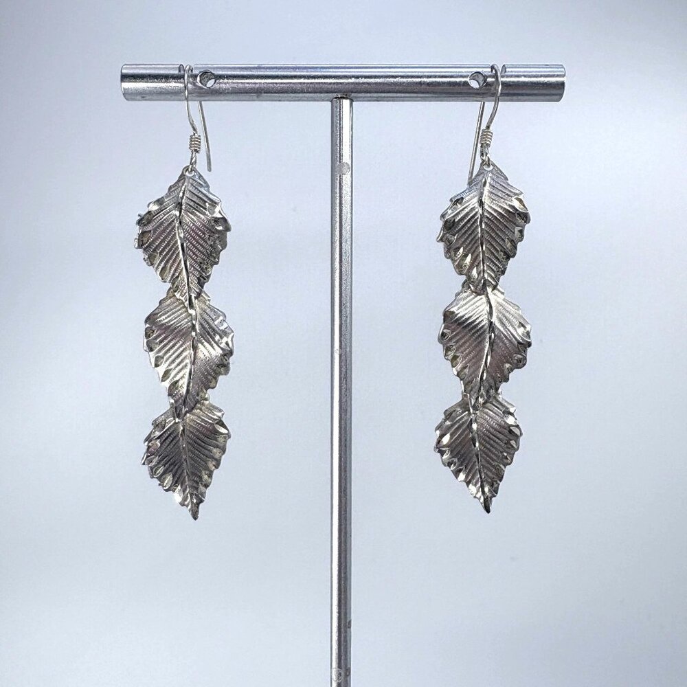 Leaf Textured Design Dangle Earrings VTG Sterling Silver 925 Size 2.5" Length